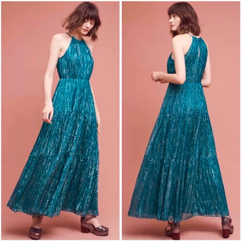 Ranna Gill Anthropologie Size M Celestial Halter Maxi Gown Dress Emerald Green